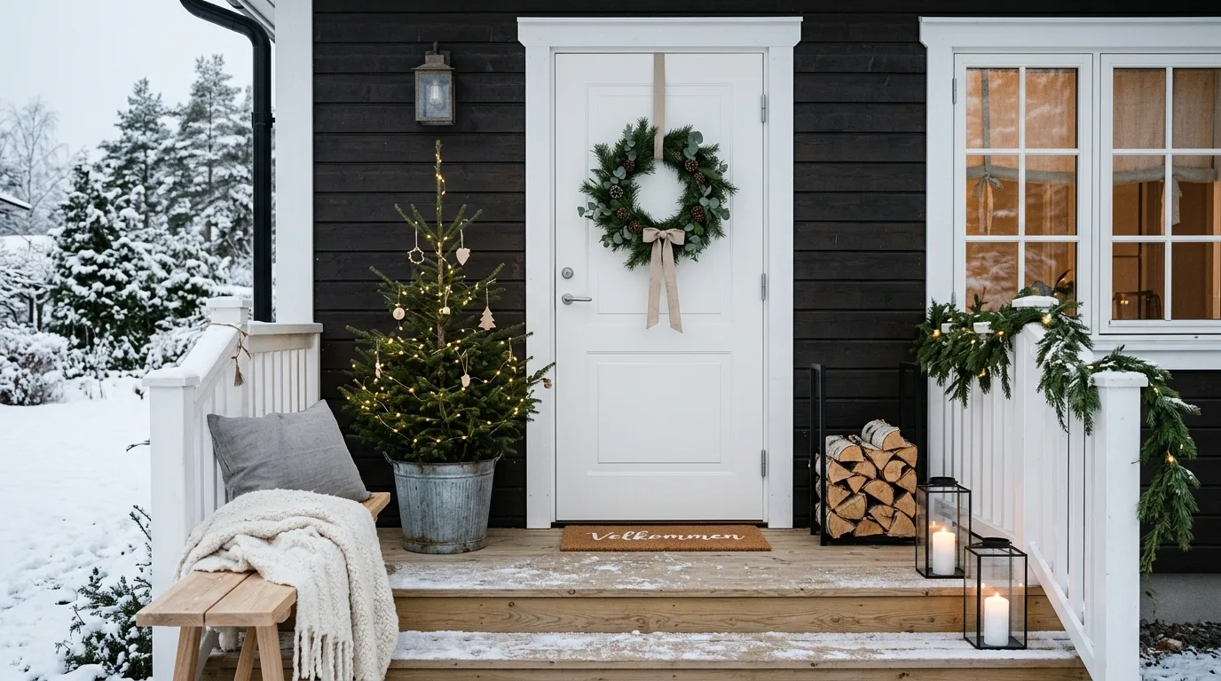Keep the color palette controlled and festive inspiration for a Christmas porch.